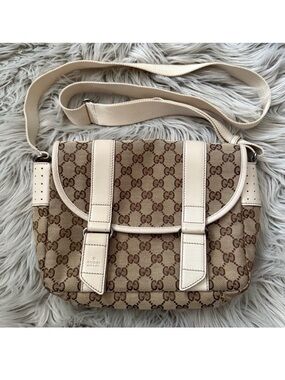 GUCCI Monogram Double Buckle Flap Messenger Bag